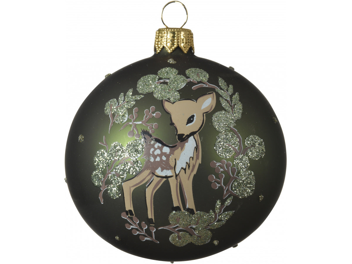 Green Glass Bauble With Deer, 8cm