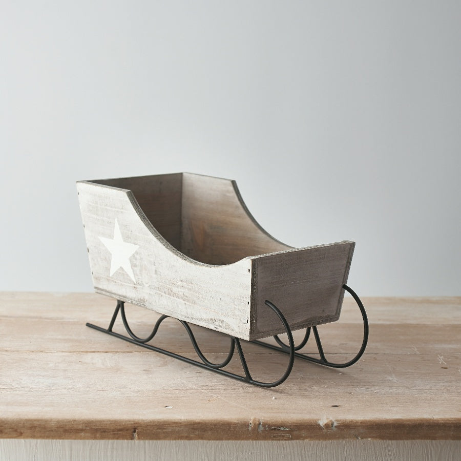 Grey Wooden Sleigh With Star, 30cm