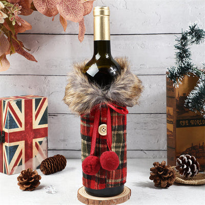 Christmas Wine Bottle Cover Plaid Sweater Wine Bottle Holder Faux Fur Wine Bottle Pouch Bags for Xmas Dinner Party Decorations