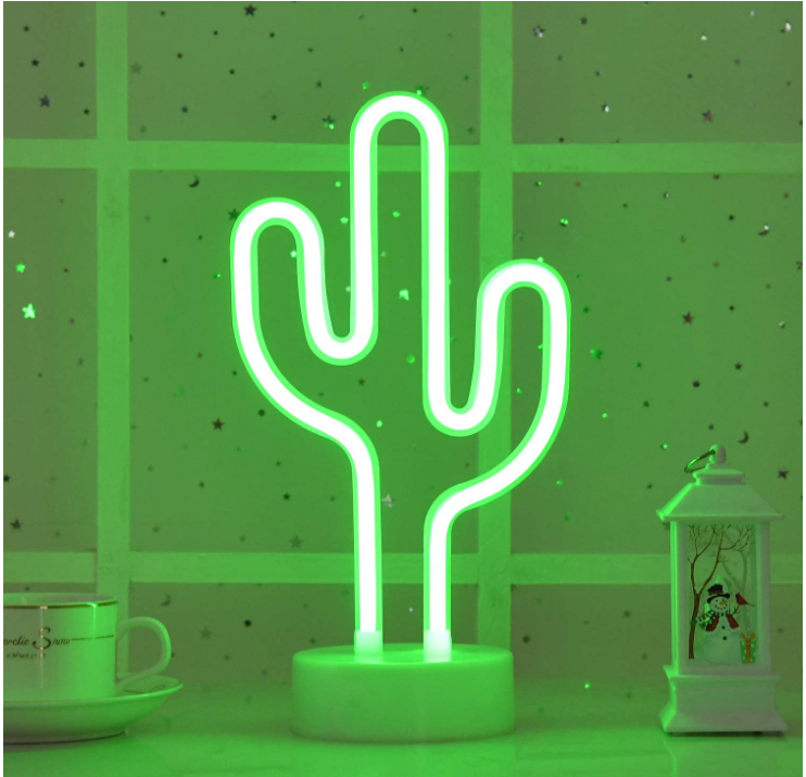 LED Cactus Neon Sign Lights with Stand Base - Battery or USB Powered Neon Lights for Bedroom, Baby Room, Weddings, Parties, and More