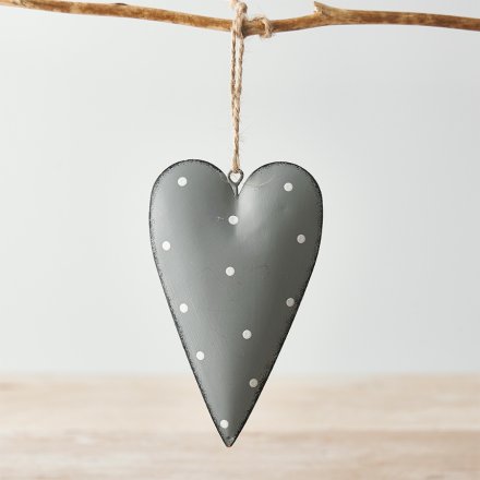 Hanging Grey Heart With Dotted Decal, 11cm